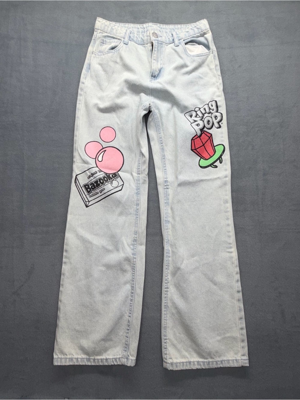 Justice Bazooka Ring Pop Collab  Light Washed Raw Hem Baggy Jeans Girls Size 14